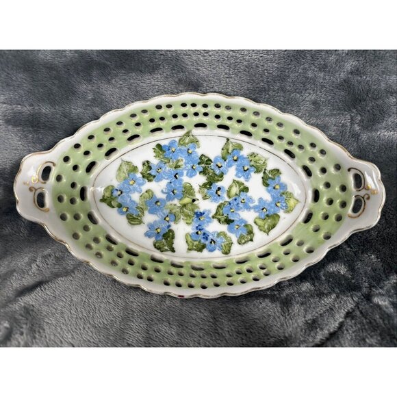 Antique Hand-Painted Porcelain Reticulated Serving Tray With Blue Floral Design - Picture 2 of 11
